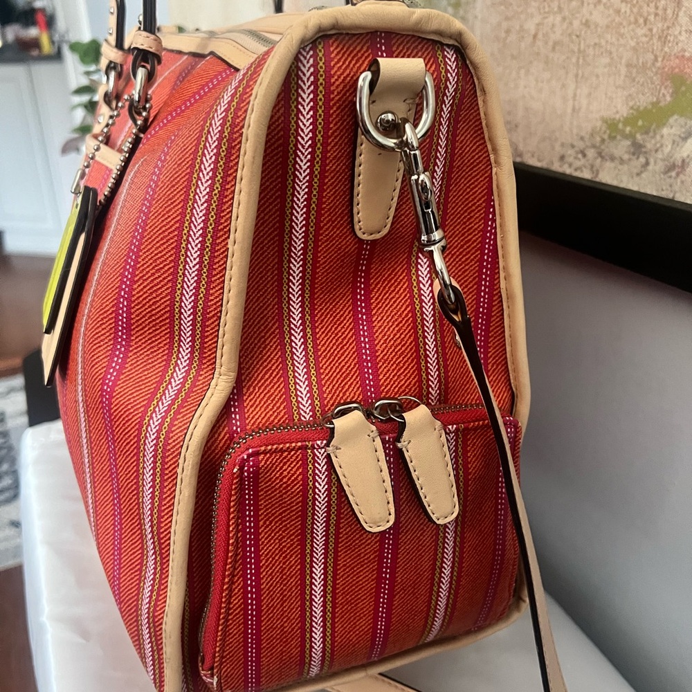 Coach Large Orange Pink White Striped Vinyl and Leather Travel or Diaper Bag - Picture 7 of 10